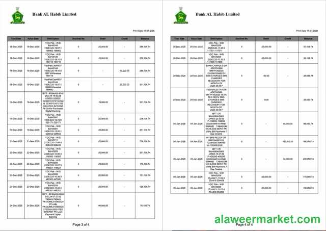 Pakistan Bank Al Habib statement of account Word and PDF template, 4 pages, 3-4 pages